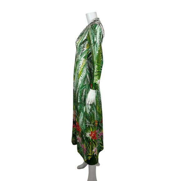 Vintage 70s Tropical Dress Womens XS Deep V Green Botanical Maxi Empire Bust - Picture 10 of 13